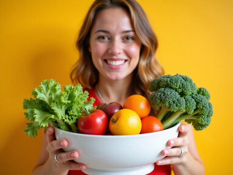 Zdrowy styl życia, świeże owoce i warzywa, uśmiechnięta osoba