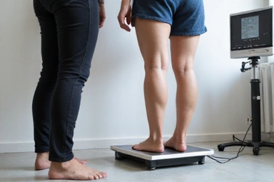 Osoba ważąca się na profesjonalnej wadze do analizy składu ciała